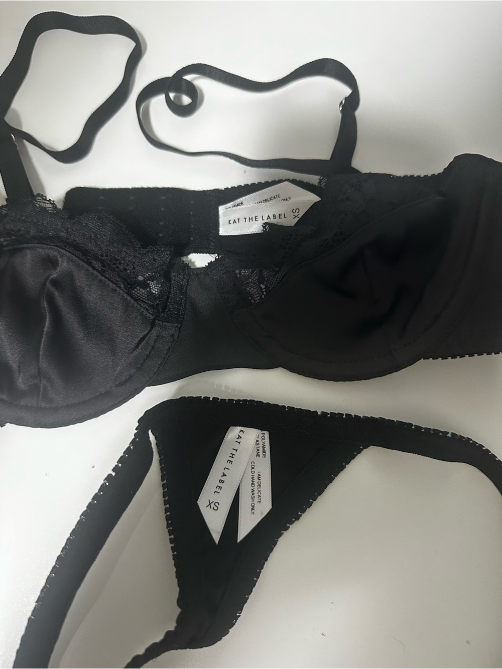 Kat the Label Black Lace-Trim Satin Bra & Thong Set